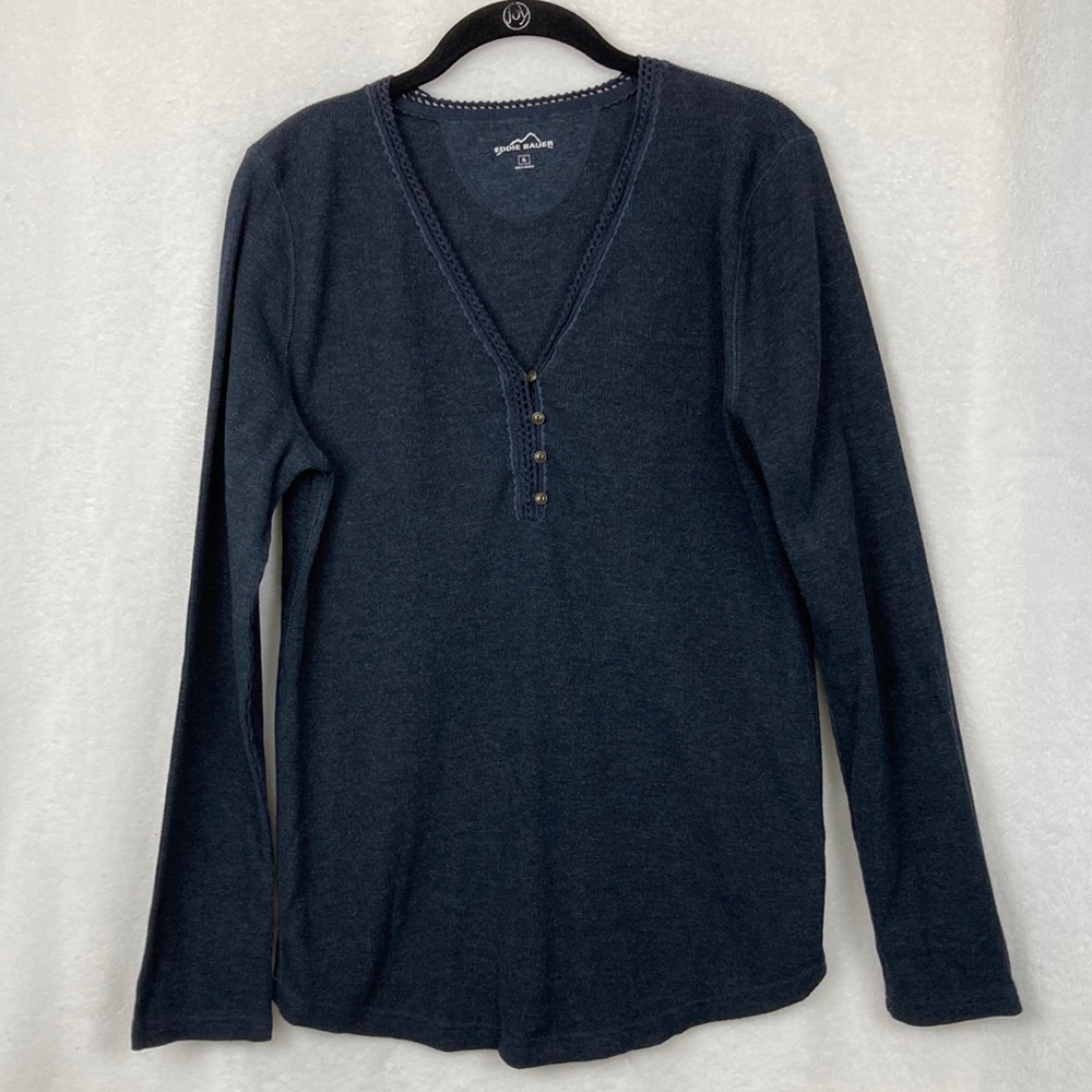 Eddie Bauer Women’s Crochet Lace Edge Thermal Knit Top sz XL